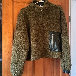 Green fuzzy jacket with faux leather details